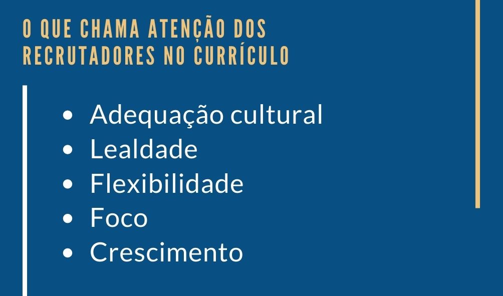 Lista do que chama atenção de recrutadores no currículo: adequação cultural, lealdade, flexibilidade, foco e crescimento